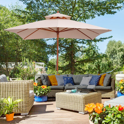 3x3M Double Tier Patio Parasol Garden Sun Umbrella with Wooden Canopy - Beige