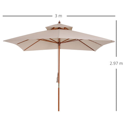 3x3M Double Tier Patio Parasol Garden Sun Umbrella with Wooden Canopy - Beige