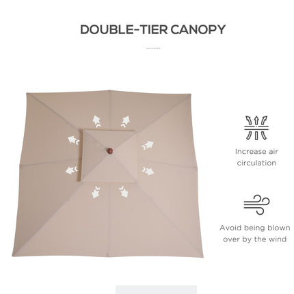 3x3M Double Tier Patio Parasol Garden Sun Umbrella with Wooden Canopy - Beige