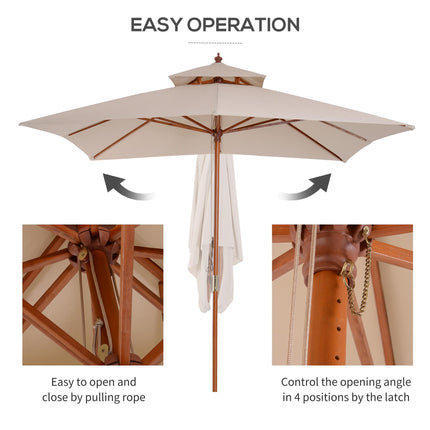3x3M Double Tier Patio Parasol Garden Sun Umbrella with Wooden Canopy - Beige