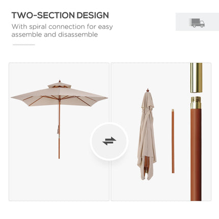 3x3M Double Tier Patio Parasol Garden Sun Umbrella with Wooden Canopy - Beige