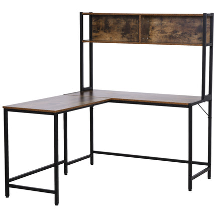Industrial L-Shaped Work Desk with Storage Shelf Steel Frame Adjustable Feet - Brown Black