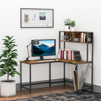 Industrial L-Shaped Work Desk with Storage Shelf Steel Frame Adjustable Feet - Brown Black