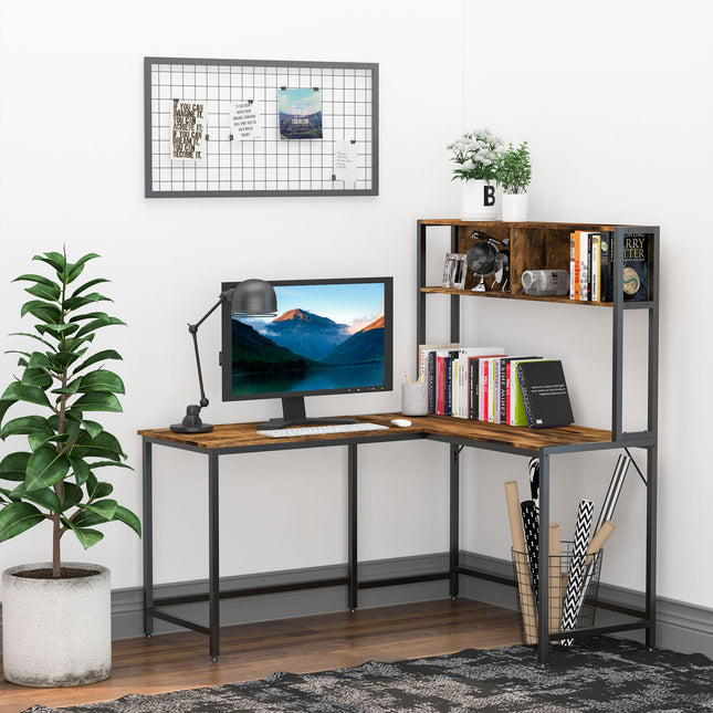Industrial L-Shaped Work Desk with Storage Shelf Steel Frame Adjustable Feet - Brown Black