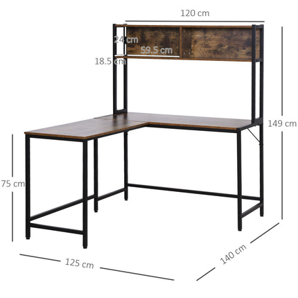 Industrial L-Shaped Work Desk with Storage Shelf Steel Frame Adjustable Feet - Brown Black