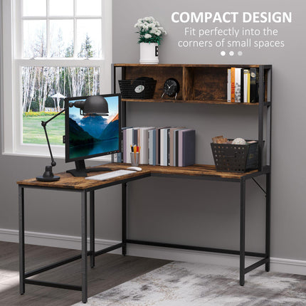 Industrial L-Shaped Work Desk with Storage Shelf Steel Frame Adjustable Feet - Brown Black