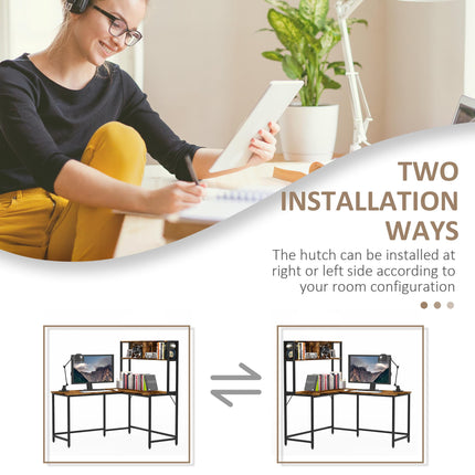 Industrial L-Shaped Work Desk with Storage Shelf Steel Frame Adjustable Feet - Brown Black