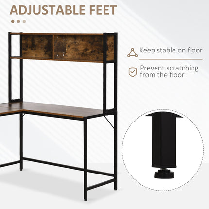Industrial L-Shaped Work Desk with Storage Shelf Steel Frame Adjustable Feet - Brown Black