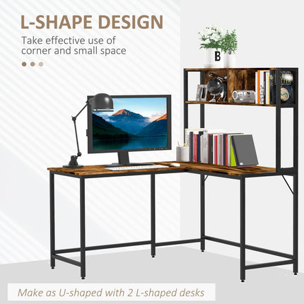 Industrial L-Shaped Work Desk with Storage Shelf Steel Frame Adjustable Feet - Brown Black