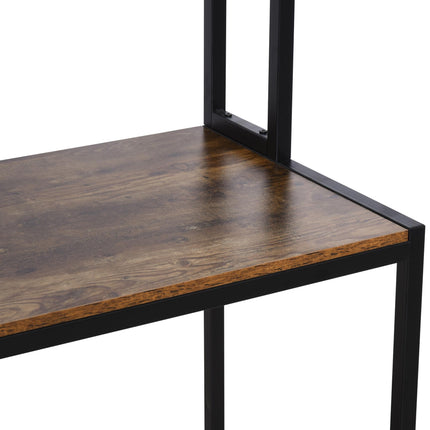 Industrial L-Shaped Work Desk with Storage Shelf Steel Frame Adjustable Feet - Brown Black