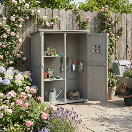 Wooden Garden Shed with Tool Storage Cabinet and Two Windows - Grey
