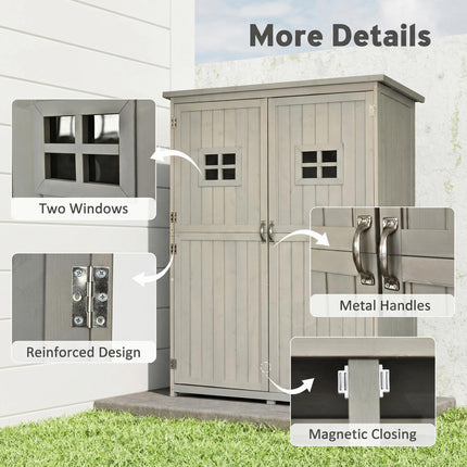 Wooden Garden Shed with Tool Storage Cabinet and Two Windows - Grey