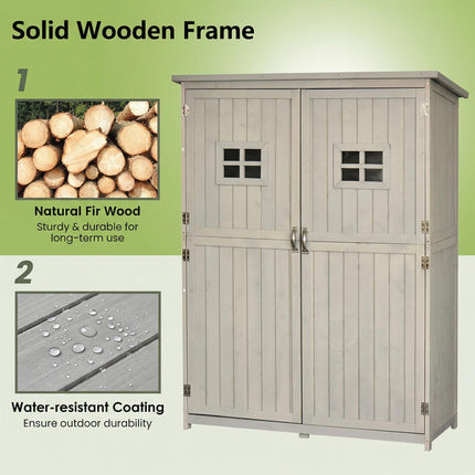 Wooden Garden Shed with Tool Storage Cabinet and Two Windows - Grey