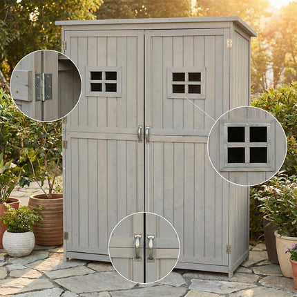 Wooden Garden Shed with Tool Storage Cabinet and Two Windows - Grey