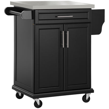 Kitchen Island with Stainless Steel Worktop and Storage - Black