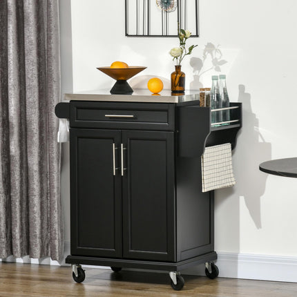 Kitchen Island with Stainless Steel Worktop and Storage - Black
