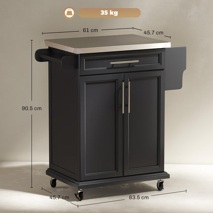 Kitchen Island with Stainless Steel Worktop and Storage - Black