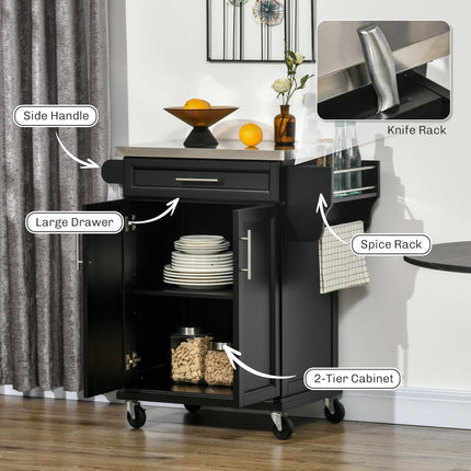 Kitchen Island with Stainless Steel Worktop and Storage - Black