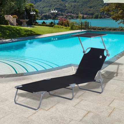 Adjustable Folding Reclining Sun Lounger with Canopy for Outdoor Patio Beach - Black