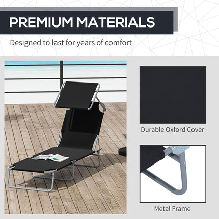 Adjustable Folding Reclining Sun Lounger with Canopy for Outdoor Patio Beach - Black