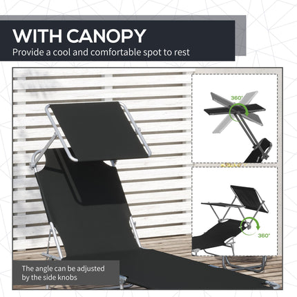 Adjustable Folding Reclining Sun Lounger with Canopy for Outdoor Patio Beach - Black