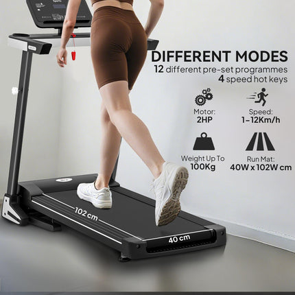 Folding Motorised Treadmill with LCD Display and 12 Programs - Black
