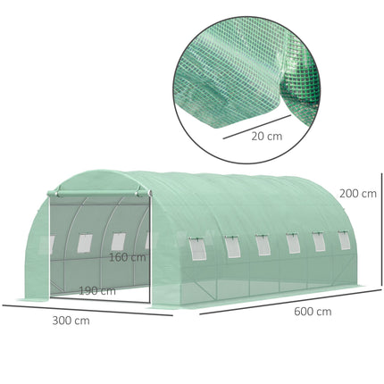 6 x 3 x 2 Metre Walk-In Garden Polytunnel Greenhouse with Steel Frame - Green