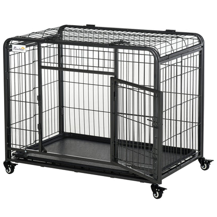 Metal Dog Cage Kennel with Locking Door, Wheels & Removable Tray for Medium Pets 94x58x69.5 cm - Dark Grey