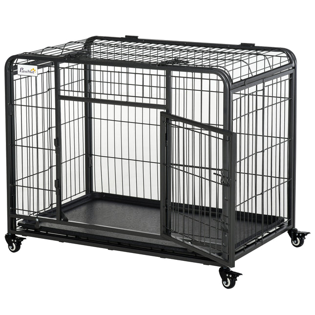 Metal Dog Cage Kennel with Locking Door, Wheels & Removable Tray for Medium Pets 94x58x69.5 cm - Dark Grey