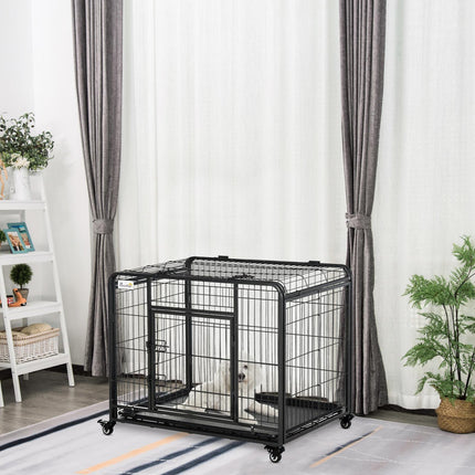 Metal Dog Cage Kennel with Locking Door, Wheels & Removable Tray for Medium Pets 94x58x69.5 cm - Dark Grey