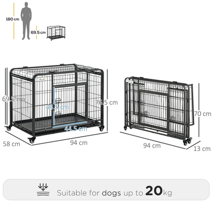 Metal Dog Cage Kennel with Locking Door, Wheels & Removable Tray for Medium Pets 94x58x69.5 cm - Dark Grey