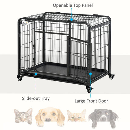 Metal Dog Cage Kennel with Locking Door, Wheels & Removable Tray for Medium Pets 94x58x69.5 cm - Dark Grey