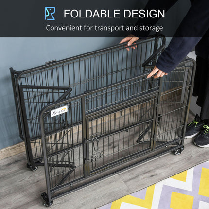 Metal Dog Cage Kennel with Locking Door, Wheels & Removable Tray for Medium Pets 94x58x69.5 cm - Dark Grey