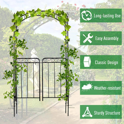 Garden Metal Arch with Gate Outdoor Trellis Arbor - Antique Black
