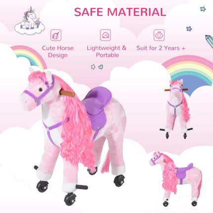 Kids Plush Ride-On Walking Horse with Sound - Pink