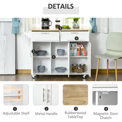 Kitchen Island Utility Cart with 2 Drawers & Cabinets for Dining Room - White