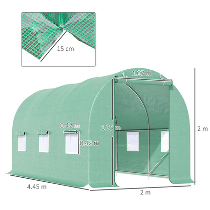 4.5m Walk-In Tunnel Greenhouse with Door & Ventilation Windows - Green