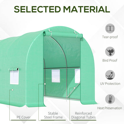 4.5m Walk-In Tunnel Greenhouse with Door & Ventilation Windows - Green