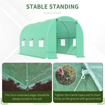 4.5m Walk-In Tunnel Greenhouse with Door & Ventilation Windows - Green