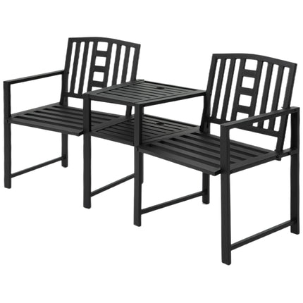 Patio Tete-a-tete 2 Seat Bench with Middle Coffee Table & Umbrella Hole - Black
