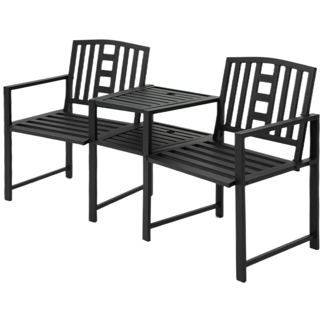 Patio Tete-a-tete 2 Seat Bench with Middle Coffee Table & Umbrella Hole - Black