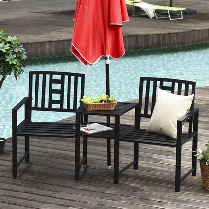 Patio Tete-a-tete 2 Seat Bench with Middle Coffee Table & Umbrella Hole - Black