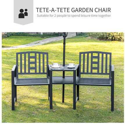 Patio Tete-a-tete 2 Seat Bench with Middle Coffee Table & Umbrella Hole - Black