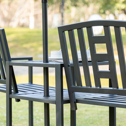 Patio Tete-a-tete 2 Seat Bench with Middle Coffee Table & Umbrella Hole - Black