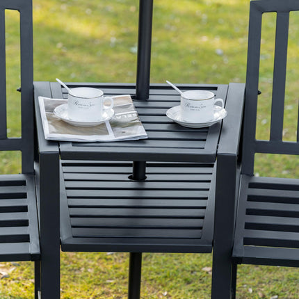 Patio Tete-a-tete 2 Seat Bench with Middle Coffee Table & Umbrella Hole - Black