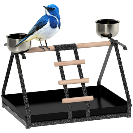 Portable Bird PlayStand Training Playground with Wood Perch Ladder and Feeding Cups for Macaw Parrot Conure - White