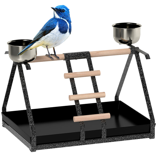 Portable Bird PlayStand Training Playground with Wood Perch Ladder and Feeding Cups for Macaw Parrot Conure - White