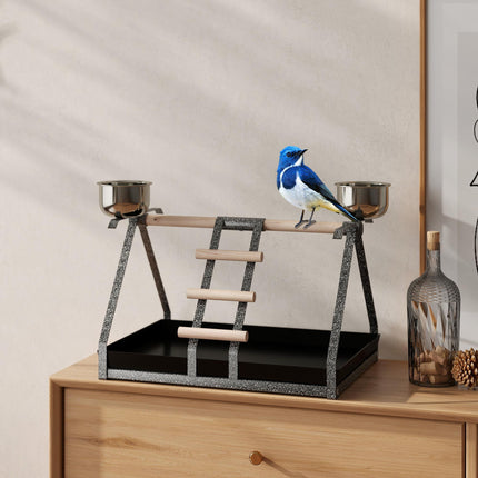 Portable Bird PlayStand Training Playground with Wood Perch Ladder and Feeding Cups for Macaw Parrot Conure - White