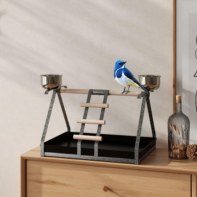 Portable Bird PlayStand Training Playground with Wood Perch Ladder and Feeding Cups for Macaw Parrot Conure - White