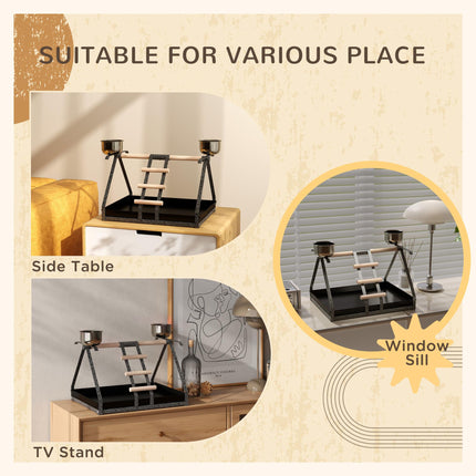 Portable Bird PlayStand Training Playground with Wood Perch Ladder and Feeding Cups for Macaw Parrot Conure - White